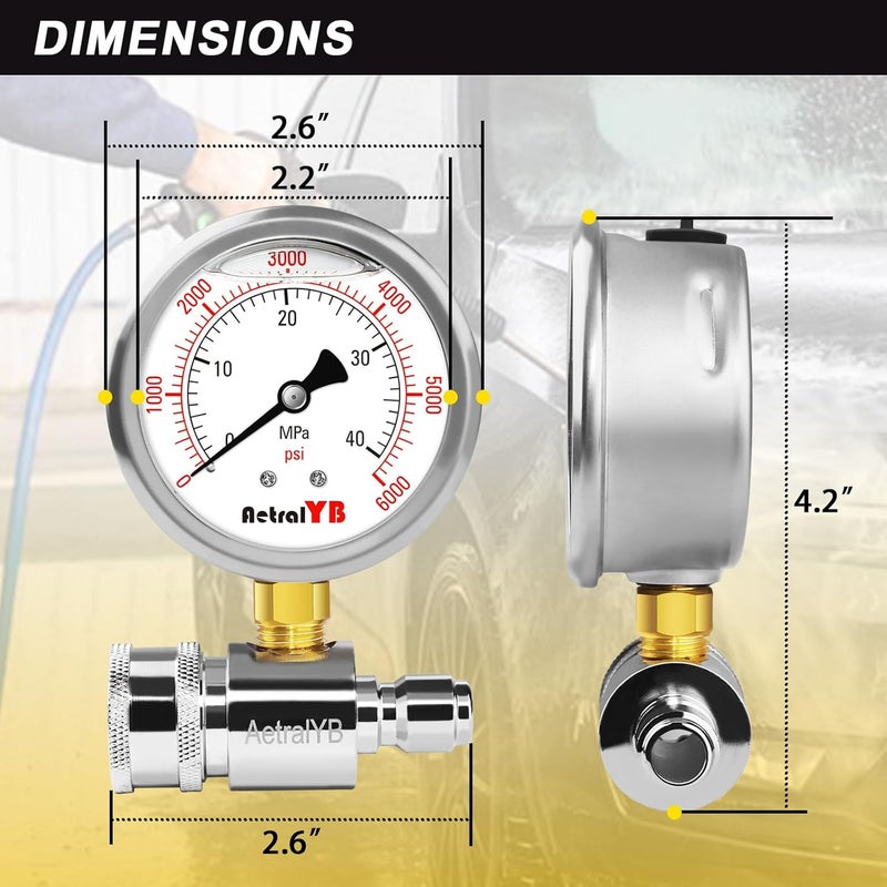 AetralYB 6000PSI Washer Pressure Gauge,3/8" Push-to-Connection Quick Connection,Stainless Steel Housing, Mpa and Psi Dual Scale, for Pressure Washer - Image 4